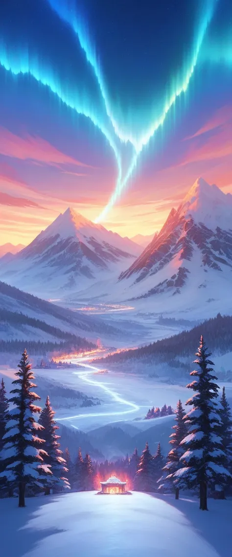 An isolated, mystical kingdom hidden beyond an immense chain of towering, snow-covered mountains in the far north. The kingdom lies under a sky illuminated only by vibrant, shimmering northern lights, the aurora borealis, as the mountains block all sunligh...