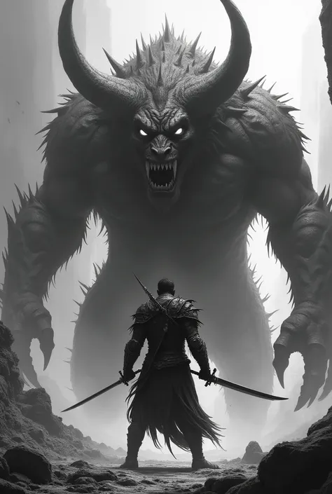 Make a big scary beast standing behind the man holding swords and looking eachothers and  environment is like hell and black and white 