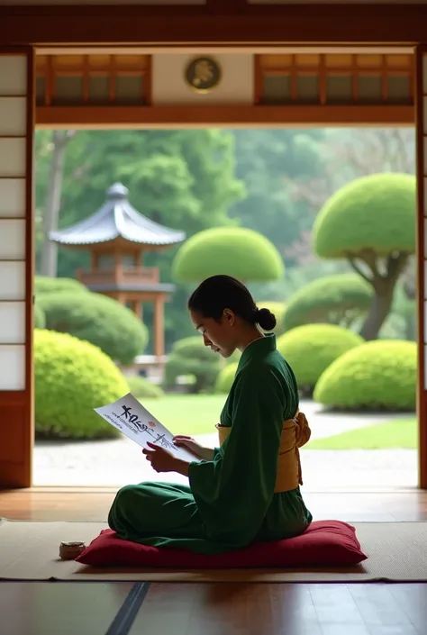 A young woman dressed in traditional Japanese green attire is seated on a red cushion on a wooden floor in a serene setting. She is holding a sheet of white paper with bold black calligraphy, inspecting it carefully with focused attention. The room feature...