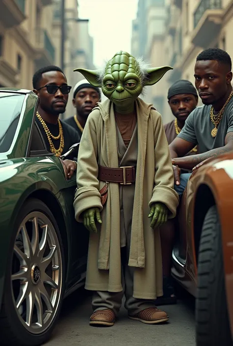 Master Yoda from StarWars with some African-American gang gangsters driving a luxury car 