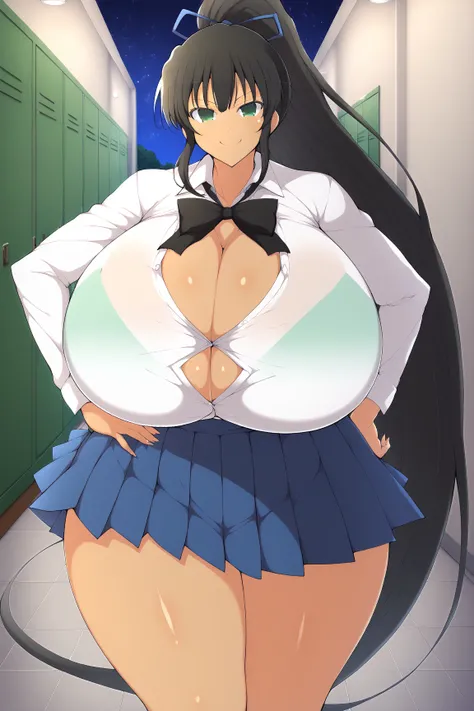 yaegashi nan, senran kagura, senran kagura burst, senran kagura new link,Inazuma 
, ,,  gigantic breasts, gigantic ass, giant thighs, safe_pos, score_9, , (huge breasts), wide hips, thick thighs, white shirt, cleavage, collared shirt, black necktie, blue s...