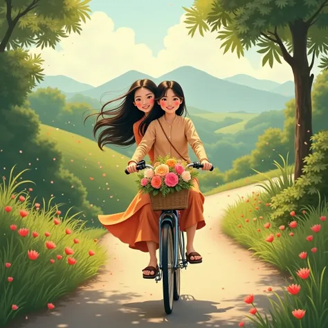 A Vietnamese girl ,  high nose , 20 years old,  is carrying a beautiful lover on a bicycle 