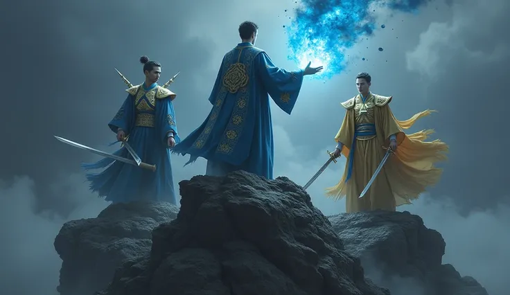 three male magicians stand on a mountain ,  one holding a blue flame , one ode wearing a kimono ,  two others in golden armor with swords,  looking at the dark valley below