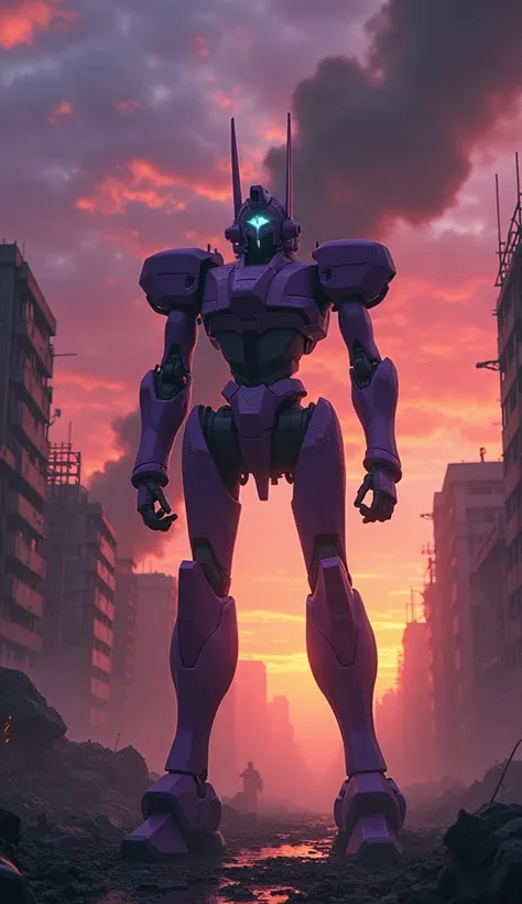 real life shoot. scene from neon genesis evangelion, purple mecha standing in a ruined cityscape, smoke, flames, sunset  