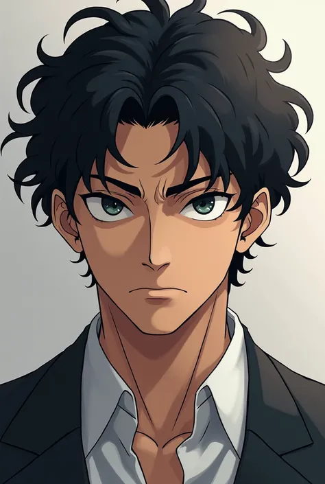 28-year-old Japanese anime man with curly hair and serious face