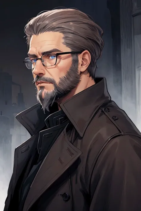 man, Dark trench coat , medieval,  blue eyes,  brown hair with gray hair  , glasses ,  brown beard with gray hair on the tip of the chin, Portrait photo, dark gloves , black clothes 