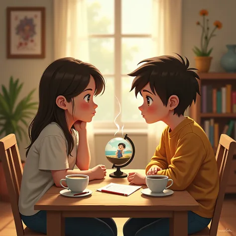  boy and girl sitting at a table talking ,  on the table there are two cups of coffee , a sheet and a pencil ,  next to them a conversation globe ,   inside the globe an image of a boy sailing in the sea