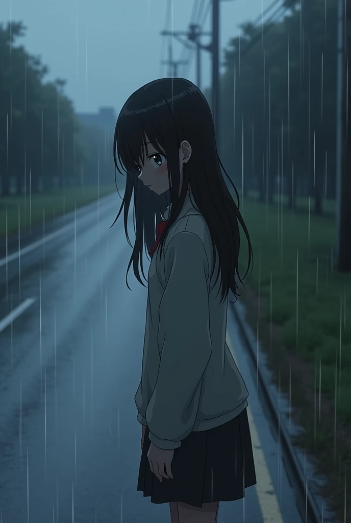 Anime girl with black hair, looked abused on the side of a raining road