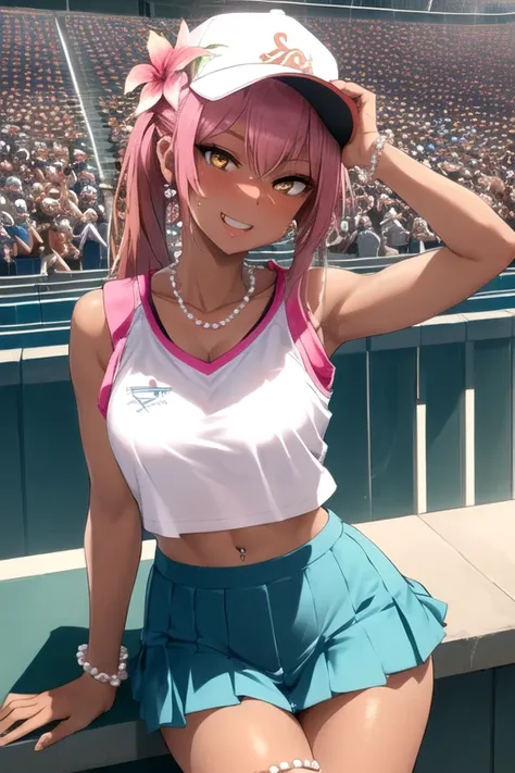 masterpiece, best quality, 8K, 1 girl, detailed face, detailed skin, detailed outfit, detailed background, perfect eye, cute, erotic, beautiful legs, mischievous smile, opened mouth, blushing, sparkling sweat, sleeveless shirt, baseball uniform,  light blu...