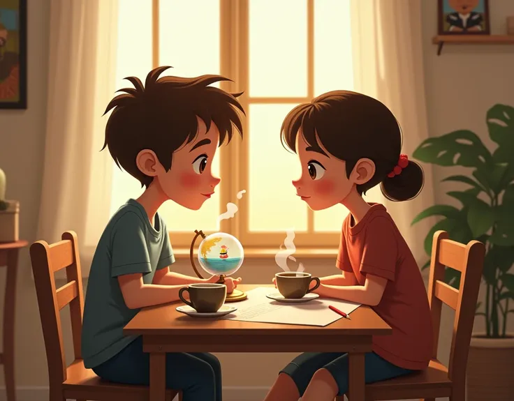  boy and girl sitting at a table talking ,  on the table there are two cups of coffee , a sheet and a pencil ,  next to them a conversation globe ,   inside the globe an image of a boy sailing in the sea