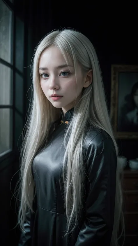 Pretty Chinese Girl , Long white hair,  stands quietly in a dark dress,  dark atmosphere, sad ,  super fine , 8k,  Realistic Portrait ,  masterpieces 