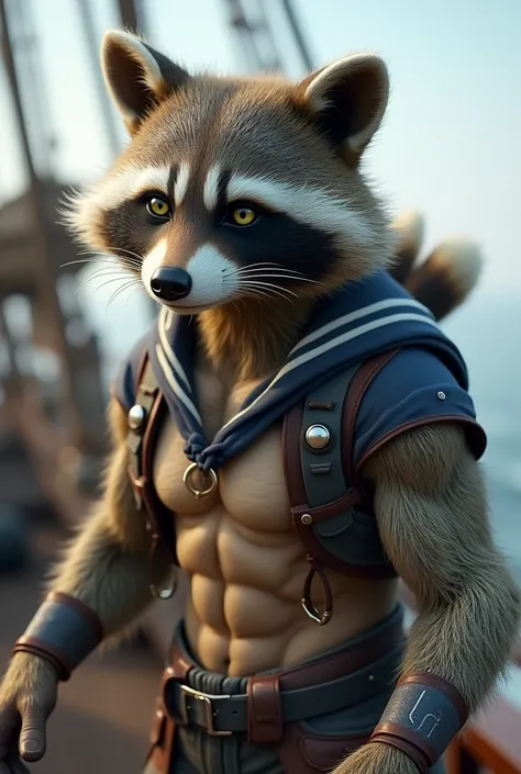 Raccoon fused with slightly muscular human sailor 