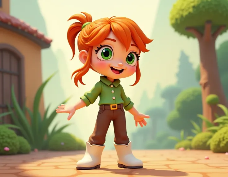 2d animation. (not so )  Girls white leather,  orange hair , green blouse, brown pants, boots,  hair tied in a low ponytail,  green eyes, belt and smile 