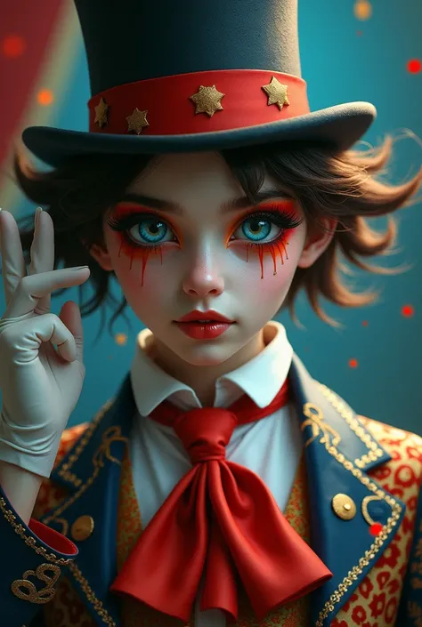 Young androgynous , circus clothing ,Mascara Alegre ,red tie, white gloves , top hat, Magic of Madness 