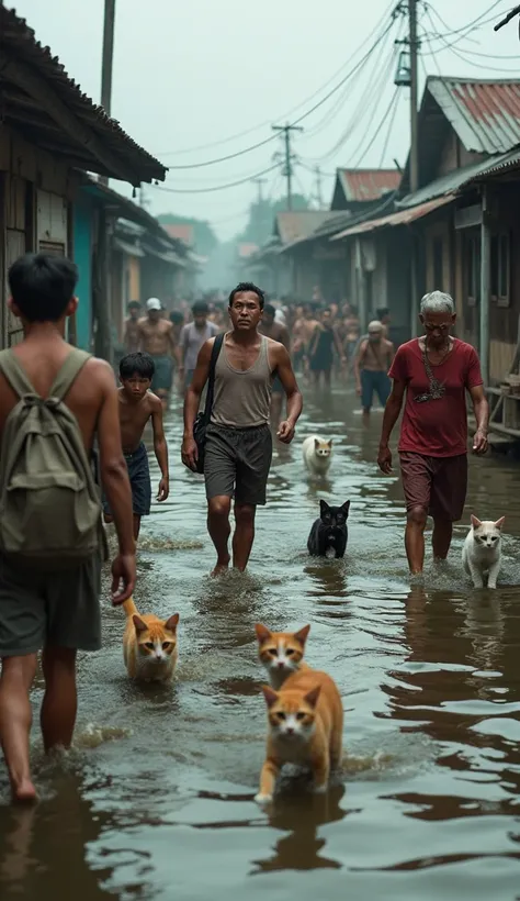 cat and people flood in indonesia Village