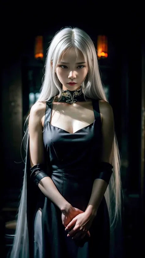 Pretty Chinese Girl , Long white hair,  stands quietly in a dark dress,  dark atmosphere, sad ,  super fine , 8k,  Realistic Portrait ,  masterpieces 