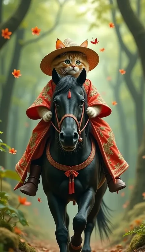 Cute kitten riding a big black vaulting horse, closed: straw hat, red and green embroidered Chinese cloak, cinematic pose, fairy atmosphere, highly detailed, dramatic lighting. Forest background, digital painting, masterpiece, maximalism, near perfection, ...