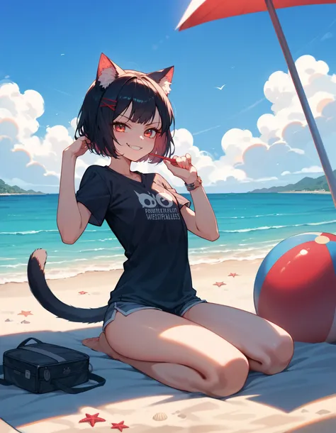 (Masterpiece), (best quality), (high quality), Anime, beach, perfection, detailed, 1girl, (loli:0.9), cat girl, evil smirk, beautiful girl, lewd, best quality shadows, highest resolution, 4k