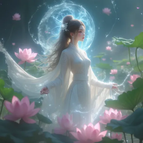 beautiful lotus goddess, sacred, magic light, fantasy, purity, elegant, hanfu, dreamy, romantic