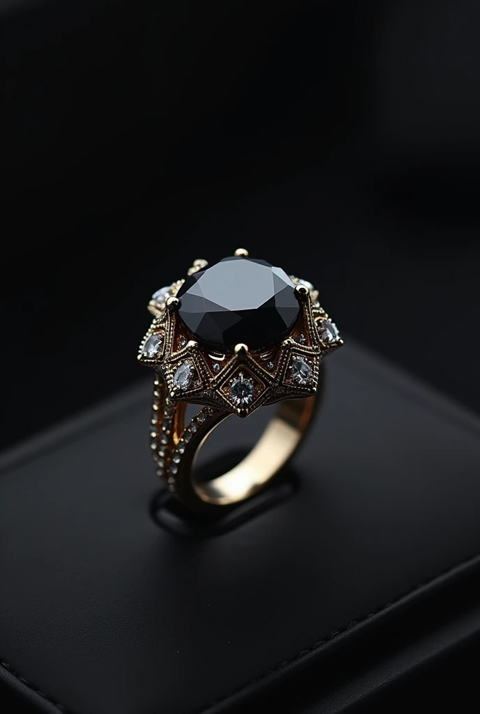 Make me finger ring of black diamond make it look really expensive show it to me in a box 