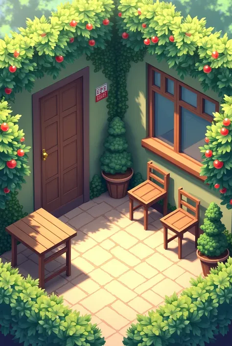 A patio 3 meters wide by 6 meters long ,  with a door in the corner and next to the door a window measuring 2 meters by 1 meter.
a wall has a fence of leaves with cherry trees .
 A small table and in the window a bar-style drop-down table 