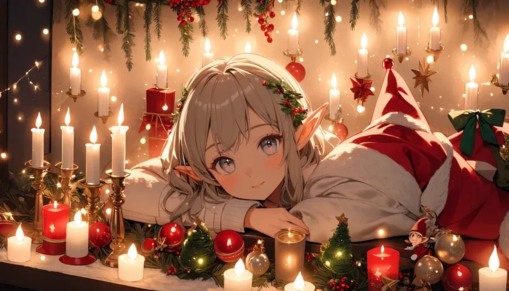 An Elf on the Shelf surrounded by Christmas decorations, glowing candles, festive ornaments, and twinkling fairy lights on a cozy holiday mantel.