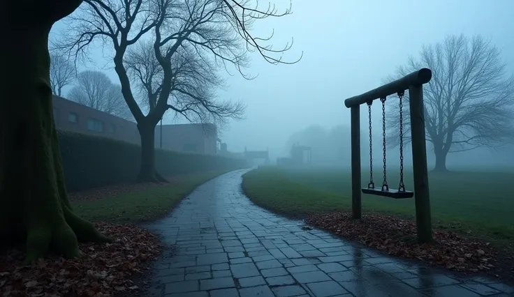 A cold, mysterious evening on the cloudy coast of England, with a foggy, abandoned small town in the background. In the foreground, a quiet park stretches out, featuring a small, weathered stone road winding through the scene. On the far right, an old big,...