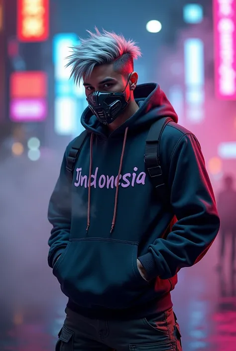 a man with cyberpunk style mask, silver hair wearing a cyberpunk hoodie with the letters "INDONESIA", wearing cargo pants, neon smoke city background 