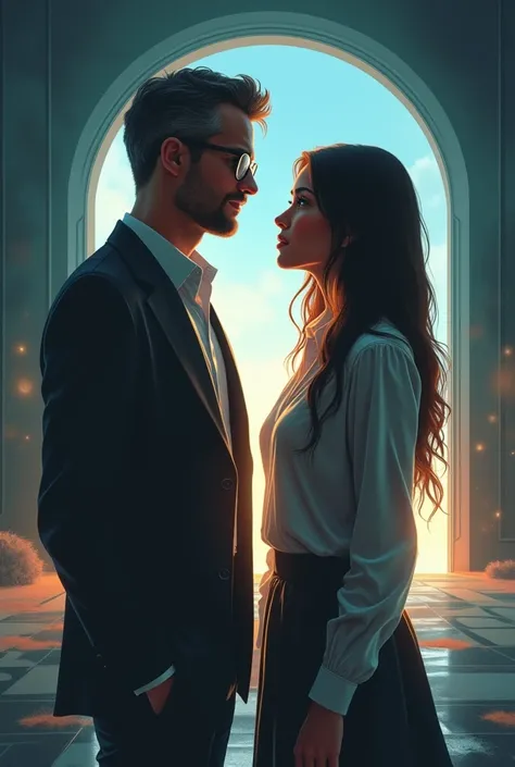 Two characters that look like Americans:
	a tall light-haired man who wears glasses due to visual difficulties ,  the woman is a medium-dark woman not as bright as the dark-haired man and shorter are in a portal to the future with a dramatic farewell