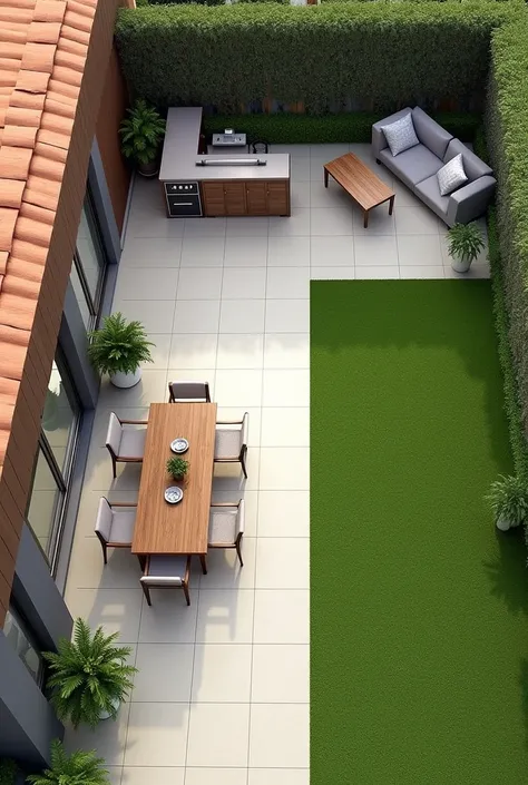  I want a functional and economical patio to make , of 4 x 8 meters ,  with grass in the upper right corner of 2 x 3 meters ,  that the rest of the patio has a walnut roof ,  a bar and barbecue in the upper left corner.