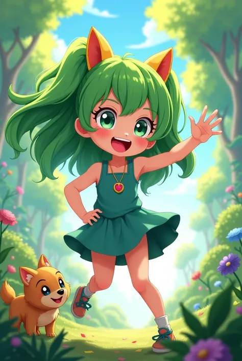 Green hair dog anime girl
