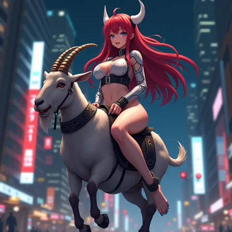 Beautiful anime woman, long red hair, detailed silver eyes, large breasts,big thighs, silver nail polish on her hand and toe nails, wearing a futuristic cyber punk outfit, riding a small goat with saddle barefoot in the night city,low medium frontal shot