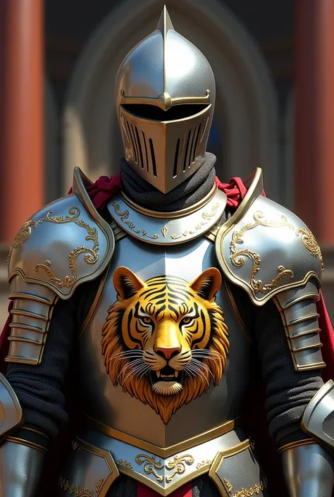  A knight wearing colorful silver armor from the Middle Ages . There is a picture of a golden tiger in the middle of the armor. He covered his face with a helmet .