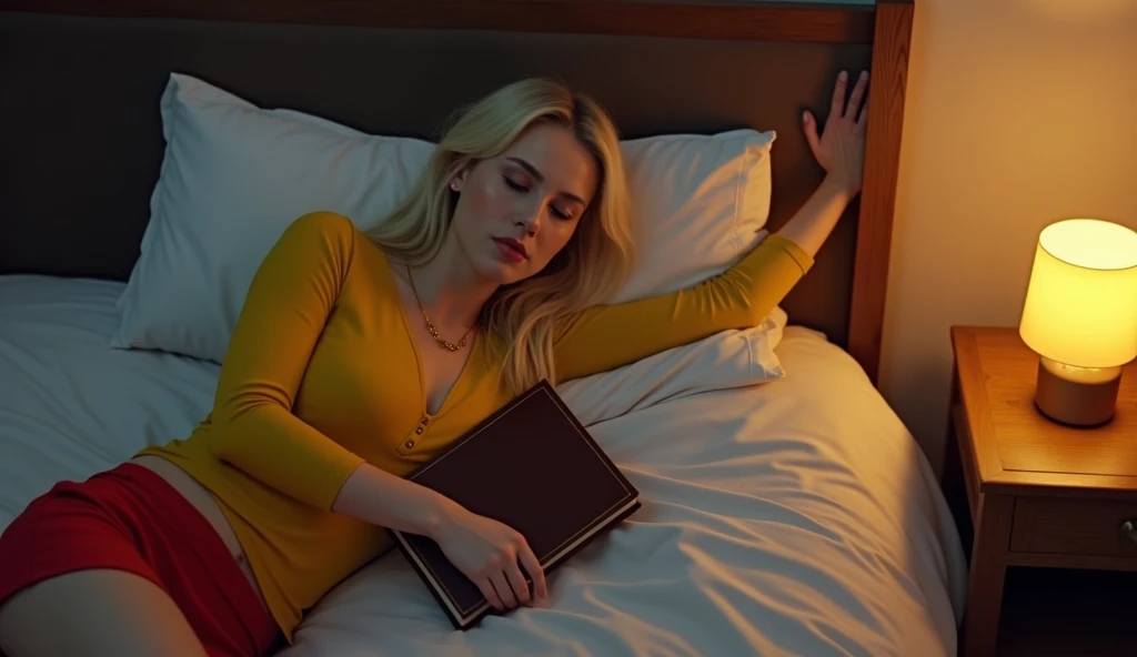 
 long blonde haired girl in a tight yellow shirt and red mini skirt sleeping holding a thick brown cover book on her chest on the bed, next to the bed was a table with a candle lighting the room, realistic