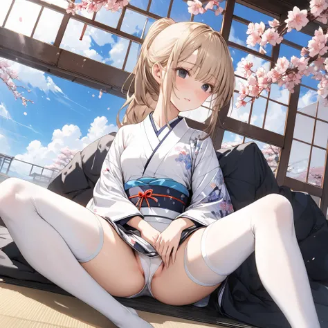 One high school girl、Black Eye、shy、blush、 beige hair、(low ponytail hair:1,5)、(Small breasts:1.5),(white thigh high:1.5)、beautiful thighs, white floral kimono、sitting, (spread legs:1.5),Japanese-style room、cherry blossoms、blue sky,( perfect anatomy ),( best...