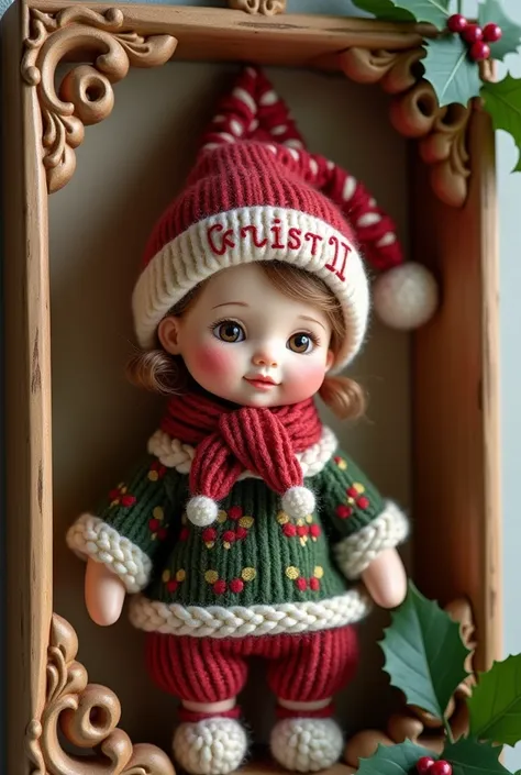 A cute and cute Christmas doll with the name CRISTINA in a frame
