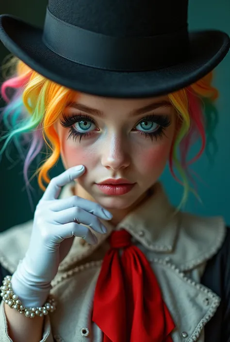 young,anime, circus clothing ,short rainbow-colored hair,mascara,red tie, white gloves , top hat, Magic of Madness 