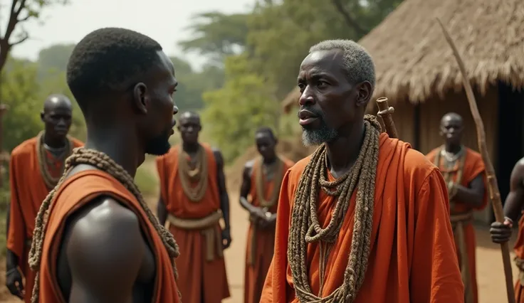 
12. The elders (wearing serene Zambian Ngoni tribe attire without a shirt) confronting Lukas at his grass thatched house: A tense scene where Ngoni elders, clad in ceremonial robes and holding wooden staffs, stand before Lukas (in serene Zambian Ngoni tri...