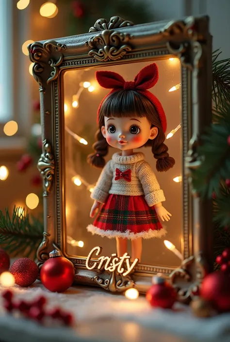 A cute and cute Christmas doll with the name CRISTY in a frame
