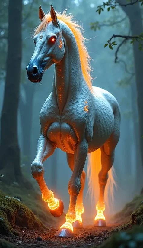 Design a hybrid creature that blends elements of [horse] and [scorpion]. This creature has the body shape of [horse], but with the [distinct feature] of [scorpion]. The skin is covered in [texture, like scales] with glowing [color] accents. Its eyes shimme...