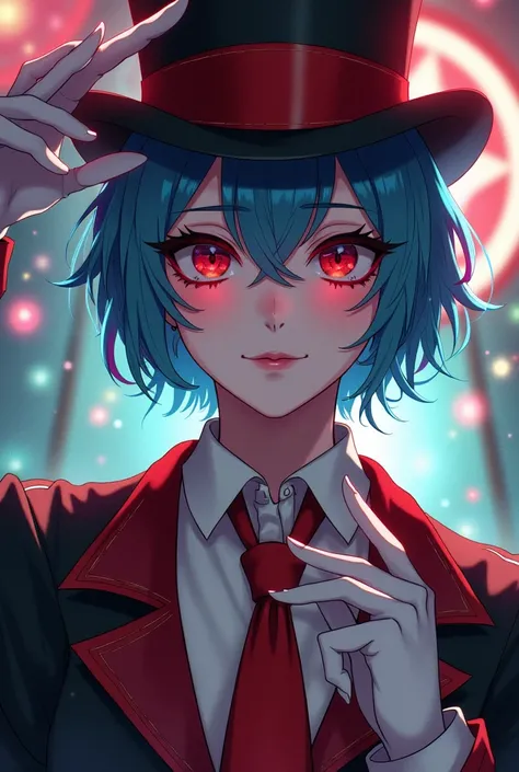 anime, circus clothing ,short rainbow-colored hair,mascara,red tie, white gloves , top hat, Magic of Madness 