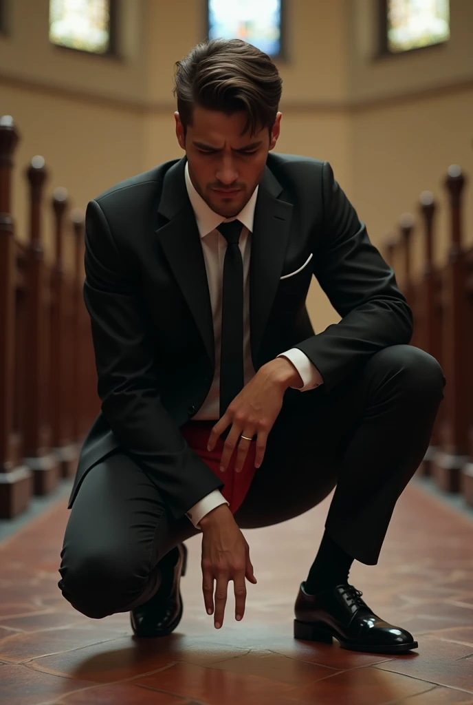 In the Church，Handsome young Brazilian man，Sexy and charming，Black suit，Black Tie，Black socks，Black leather shoes。Man kneeling on the ground ， mans crotch testicles hurt a lot，Handsome young Spanish man holding his crotch testicles ， holding crotch testicl...