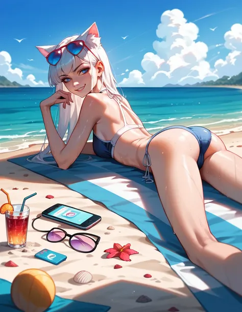 (Masterpiece), (best quality), (high quality), Hentai, beach, perfection, detailed, 1girl, (loli:0.9), cat girl, cunning smirk, beautiful girl, lewd, sweaty, best quality shadows, highest resolution, 4k