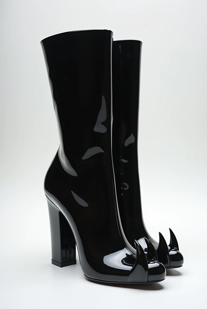 Heres a detailed prompt to recreate the first part (black boots with a unique toe design and simple background):

"Create an image of sleek, glossy black ankle boots with a high-heel design. The boots feature a unique, exaggerated toe shape resembling anim...