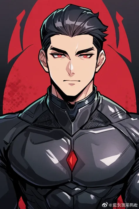 High image quality. Muscular, Handsome man in a tight black latex suit handsome.asia handsome．black hair．red eye．King of Darkness．hair slicked back.short hair．The background is black, and dont draw anything around the character.black．black．black．Whole body...