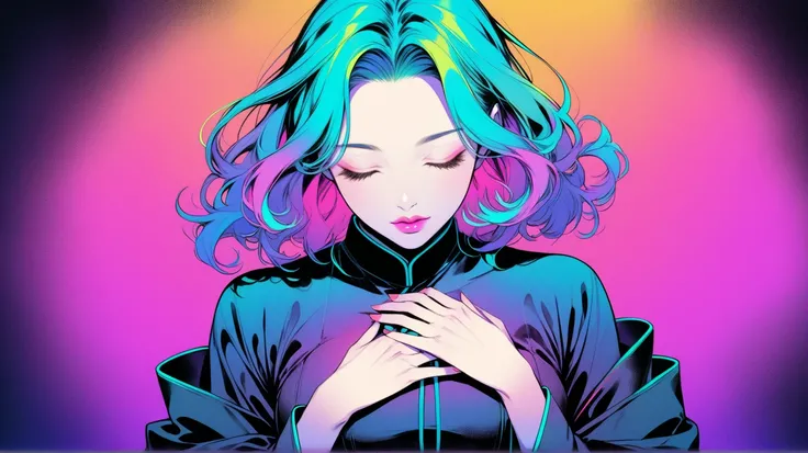 (Best Quality, Sketch: 1.2), Realistic, Illustrator, Animated, One Girl (Detailed Lips, Closed Eyes, Hands on Chest), Custom, Neon Gradient, Neon Hair, Texture Cropping, Masterpiece, Retro Classic Style, Noir Style, Japanese Style, ((Colorful backgrounds))