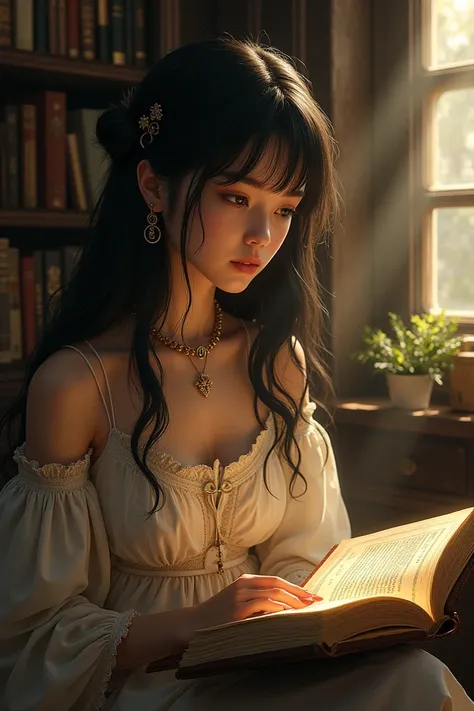 A black haired girl reading a magical book