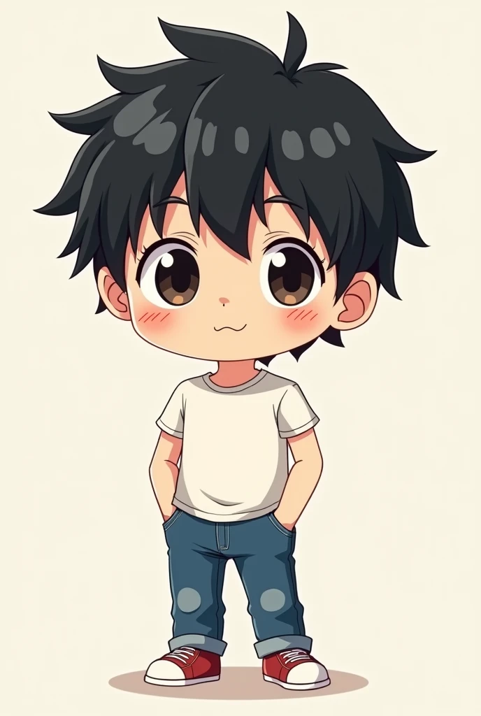 anime chibi male, black hai, casual clothes