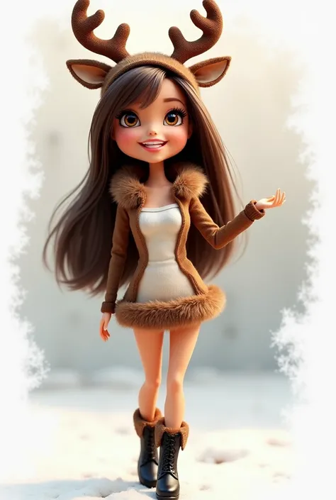 Generate a Caricature-like image of an adult brown-haired Barbie with honey-colored eyes in a brown reindeer costume ,with a reindeer tail and a headband of reindeer horns on her head and black booties ,Barbie adult woman,Barbie slim body