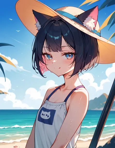 (Masterpiece), (best quality), (high quality), Hentai, Anime, beach, perfection, detailed, 1girl, (loli:0.9), cat girl, cunning smirk, half closed eyes, cunning eyes, beautiful girl, lewd, sweaty, best quality shadows, highest resolution, 4k